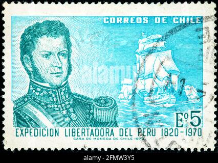 Chile - um 1971: Abgesagte Briefmarke gedruckt von Chile, zeigt Bernardo O'Higgins zum 150. Jahrestag der Peru-Befreiungsexpedition (1820