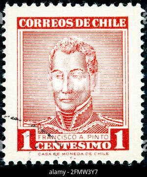 CHILE - UM 1958 : abgesagte Briefmarke gedruckt von Chile, die Francisco Pinto zeigt Stockfoto