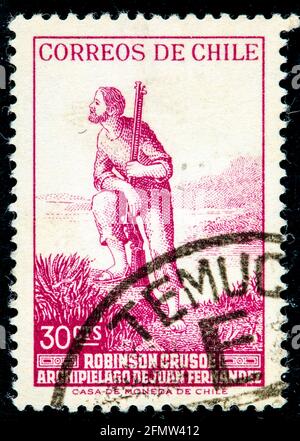 Chile - um 1965: Eine in Chile gedruckte Briefmarke zeigt Robinson Crusoe, Juan Fernandez Archipel, um 1965 Stockfoto