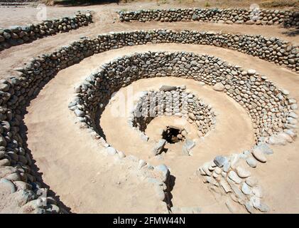 Cantalloc Aquädukt in Nazca, Spiral oder Kreis Aquädukte oder Brunnen, Peru, Inka Architektur und Kultur Stockfoto