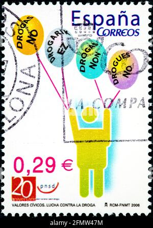 SPANIEN - UM 2006: Eine in Spanien gedruckte Briefmarke zeigt eine Allegorie des Kampfes gegen Drogen, gehört zur Civic Values-Serie, um 2006. Stockfoto