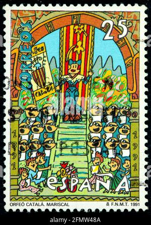 SPANIEN - UM 1991: Eine in Spanien gedruckte Marke zeigt Orfeo Catala, entworfen von Javier Errando Mariscal spanischer multidisziplinärer Designer, um 1991 Stockfoto