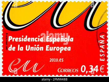 SPANIEN - UM 2010: Eine in Spanien gedruckte Marke zeigt spanische Präsidentschaften in der Europäischen Union, um 2010 Stockfoto