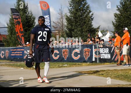 Bourbonnais, USA. August 2019. Chicagoer Bären laufen zurück Tarik Cohen (29) geht am 6. August 2019 zum Feld im Trainingslager in Bourbonnais, Ill. (Foto: Jose M. Osorio/Chicago Tribune/TNS/Sipa USA) Quelle: SIPA USA/Alamy Live News Stockfoto