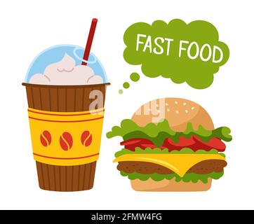 Fast Food Burger und Soda zum Mitnehmen Doodle Cartoon-Set. Handgezeichneter Hamburger und Kaffee zum Ausgehen. Karte Menü leckere Fast Food. Cheeseburger, Getränke lecker ungesunde Mittagessen. Vektorgrafik Stock Vektor