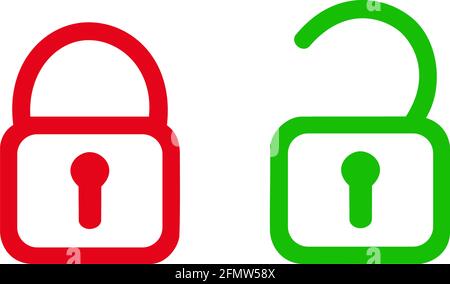 SYMBOL FÜR OFFENES VORHÄNGESCHLOSS UND GESCHLOSSENES VORHÄNGESCHLOSS. ROT UND GRÜN MIT WEISSEM HINTERGRUND. Stock Vektor