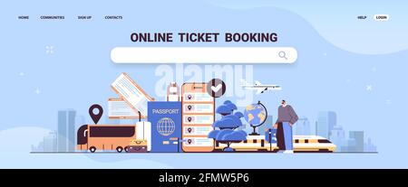 Mann Reisende mit Gepäck kaufen oder suchen Tickets in mobilen App Online-Ticketbuchung Reisekonzept Stock Vektor