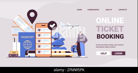 Mann Reisende mit Gepäck kaufen oder suchen Tickets in mobilen App Online-Ticketbuchung Reisekonzept Stock Vektor