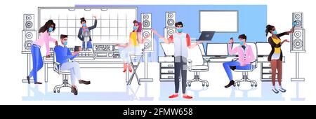Mischen Sie Rennmenschen in Masken, die in der Studiokommunikation auftreten Übertragung von Coronavirus-Quarantäne Stock Vektor