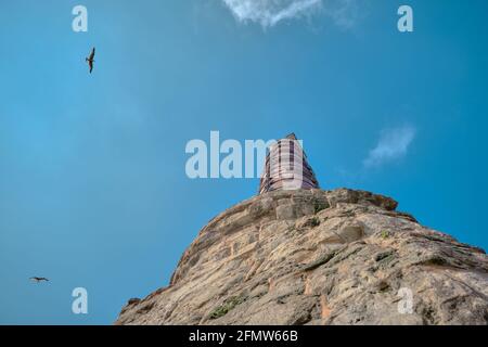 Istanbul-Säule von Konstantin (cemberlitas) Foto von der Unterseite der antiken römischen Säule mit hellblauem Himmel und fliegender Möwe aufgenommen. Stockfoto
