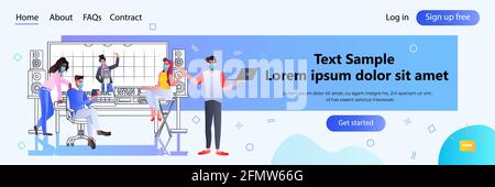 Mischen Sie Rennmenschen in Masken, die in der Studiokommunikation auftreten Übertragung von Coronavirus-Quarantäne Stock Vektor