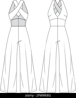 Frauen Offener Rücken Jumpsuit Vector Fashion flache Skizzen. Mädchen Mode Technische Illustration Vorlage. Weite Beine. Niedriger V-Ausschnitt. Halfter-Top-Optik Stock Vektor