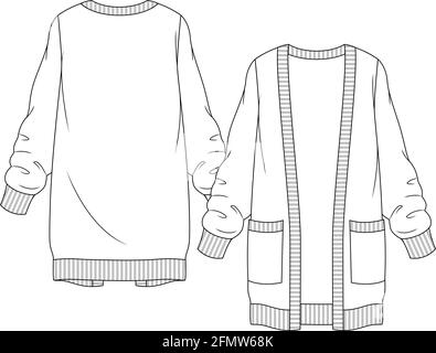 Damen Pullover Strickjacke mit großen Taschen Mode flache Skizze Vorlage. Mädchen Technische Mode Illustration. Vorne offen mit großen Taschen Stock Vektor