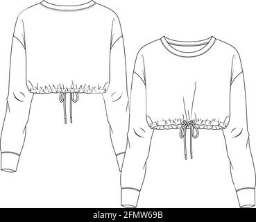 Frauen lange Ärmel Crop Sweatshirt Mode flach Skizze Vorlage. Mädchen Technische Mode Illustration. Rundhalsausschnitt mit Kordelzug am Saum Stock Vektor