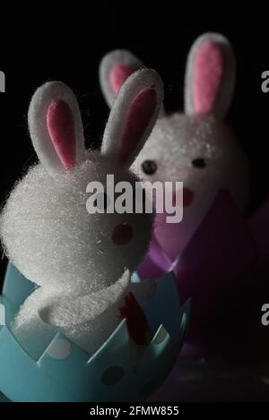 Ein vertikales Standleben-Bild auf einem schwarzen Hintergrund von zwei weißen fuzzy-Spielzeughasen, einer in einer halben Eierschale, einem Osterhasen-Spielzeug Stockfoto