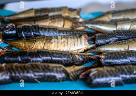 Geräucherte Makrelen liegen auf einem Förderband. Fischfutterfabrik. Stockfoto