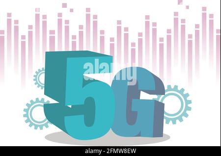 5G-Schriftzug in 3D mit digitalem Hintergrund. Konzept des 5G-Netzes, Hochgeschwindigkeits-Mobilfunkinternet, Netze der neuen Generation. Flache Vektorgrafik. Stock Vektor