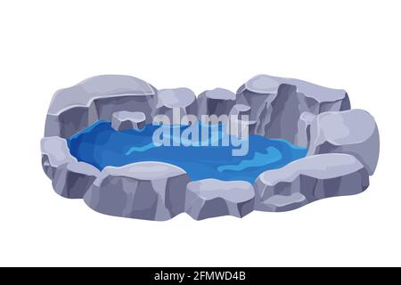 Teich mit Wasser und Steinen, Natur- oder Gartendekoration im Cartoon-Stil isoliert auf weißem Hintergrund. UI-Spiel Asset, Park Pool, See. Vektor illustrr Stock Vektor