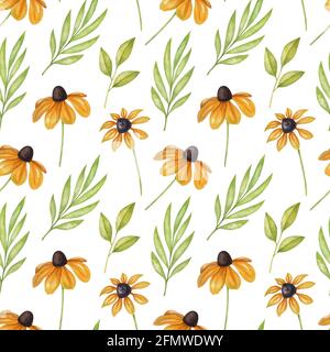 Nahtloses Aquarell-Blumenmuster mit grünen Blättern auf weißem Hintergrund. Ideal für Postkarten, Grußkarten, Verpackungen und andere Designs. Stockfoto