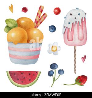 Aquarell Sommer auf dem hellen Hintergrund gesetzt. Helle, handgemalte Illustration mit Eis, Wassermelone, Erdbeere, Blume und Heidelbeere. Stockfoto