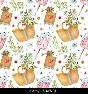 Nahtloses Aquarellmuster mit Eis, Blume, Tasche, Buch, Beere und Blatt auf hellem Hintergrund. Helle Sommerdarstellung. Stockfoto