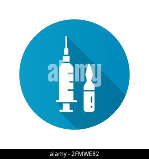 Symbol für Impfstoff und Spritze. Einfache Illustration mit langem Schatten isoliert für Grafik- und Webdesign. Stock Vektor