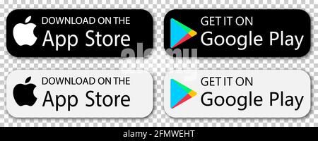 Vinnytsia, Ukraine - 11. Mai 2021: Download im App Store und erhalten Sie es auf Google Play App Buttons. Vektorsymbole für iOS, Fenster, Mikros von Mobiltelefonen Stock Vektor