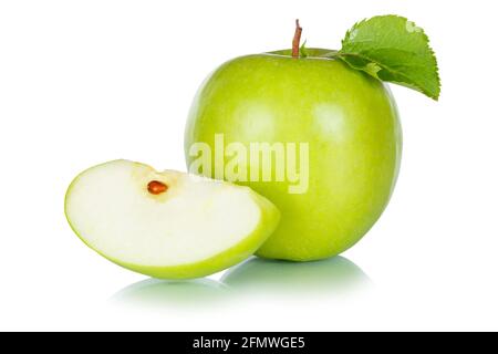 Äpfel Früchte grüne Apfelfrucht mit Blatt isoliert auf einem Lebensmittel mit weißem Hintergrund Stockfoto