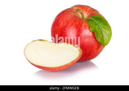 Äpfel Früchte rote Apfelfrucht mit Blatt isoliert auf einem Lebensmittel mit weißem Hintergrund Stockfoto