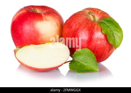 Äpfel Früchte rote Apfelfrüchte mit Blättern isoliert auf einem Lebensmittel mit weißem Hintergrund Stockfoto