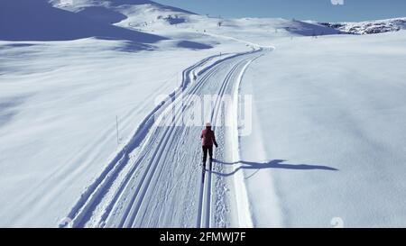Skilanglaufläufer, die über eine schneebedeckte arktische Tundra fahren. Stockfoto