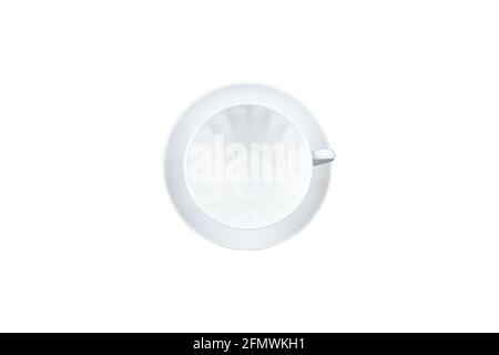 Weiße leere Porzellantasse und Untertasse, Draufsicht. Isoliert auf Weiß. Stockfoto