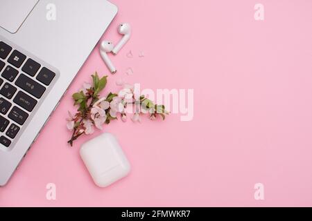 Laptop, bluetooth-Kopfhörer, ein blühender Baumzweig mit Blumen. Platz zum Schreiben Stockfoto