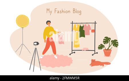 Mode-Blogger zeigt trendige Kleidung zur Kamera. Stylisten-Influencer erstellt Inhalte für Vlog. Junger Mann lehrt trendy Outfit wählen. Meinung Stock Vektor