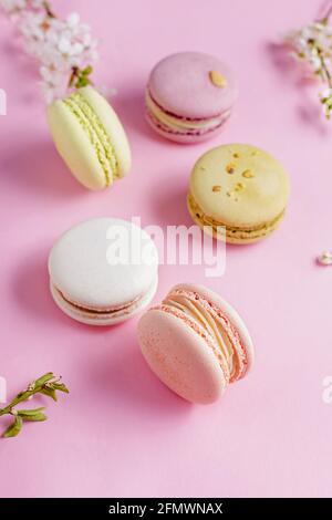 Französische Dessert-Macarons und Frühlingsbaumblüten Stockfoto