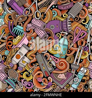 Friseursalon Hand gezeichnete Kritzeleien nahtlose Muster. Frisur Hintergrund. Stock Vektor