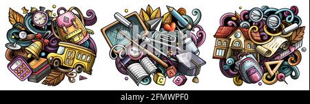 Schule Cartoon Vektor Doodle Designs Set. Stock Vektor