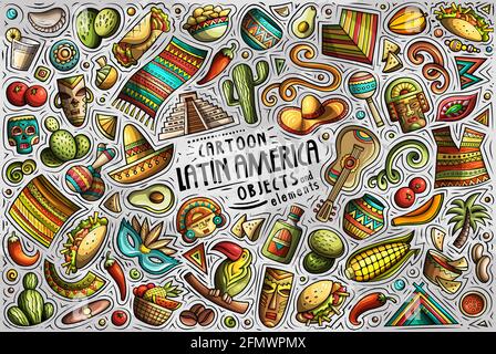 Vector Doodle Cartoon Satz lateinamerikanischer Themenobjekte und Symbole Stock Vektor