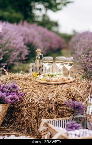 Sommerpicknick im Lavendelfeld. Gläser Wein, ein Picknickkorb, Snacks und Blumensträuße auf einem Heuhaufen zwischen den Lavendelbüschen. Weiches se Stockfoto