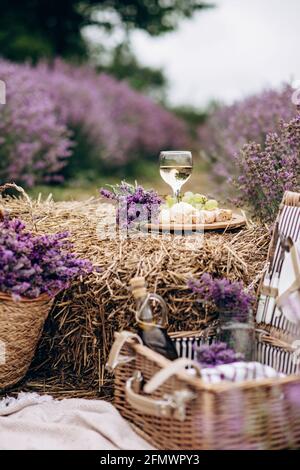 Sommerpicknick im Lavendelfeld. Ein Glas Weißwein, ein Picknickkorb, Snacks und ein Blumenstrauß auf einem Heuhaufen zwischen Lavendelbüschen. Roma Stockfoto