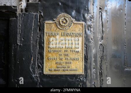 Historische Texas Legation Plakette in Pickering Place, City of Westminster, London, Großbritannien. 12 Mai 2021. Stockfoto