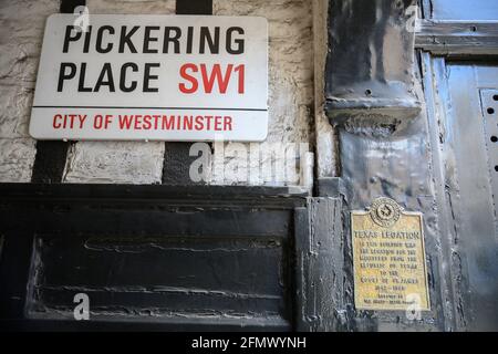 Historische Texas Legation Plakette in Pickering Place, City of Westminster, London, Großbritannien. 12 Mai 2021. Stockfoto