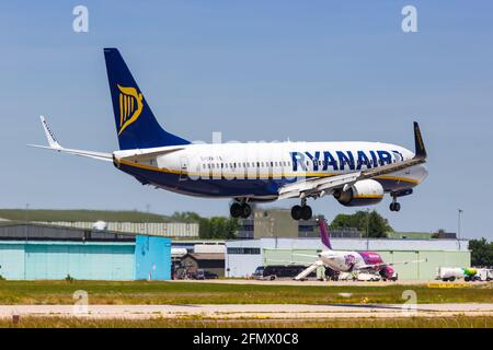 Memmingen, 18. Juni 2017: Ryanair Boeing B737-800 am Flughafen Memmingen (FMM) in Deutschland. Boeing ist ein amerikanischer Flugzeughersteller Stockfoto