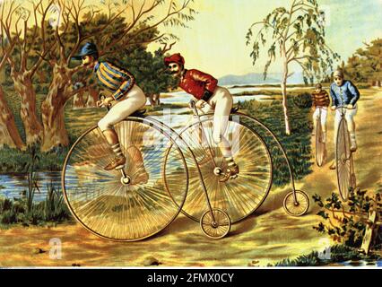 Transport / Transport, Fahrräder, Penny-Farthing, Männer bei einem Radrennen, Malerei, Postkarte, ARTIST'S COPYRIGHT MUSS NICHT GELÖSCHT WERDEN Stockfoto