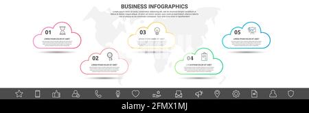 Infografik Wolken. Vector Line Geschäftskonzept mit 5 Optionen. Abstrakte Vorlage mit fünf Schritten für Diagramm, Web, Banner, Präsentationen, Flussdiagramm Stock Vektor