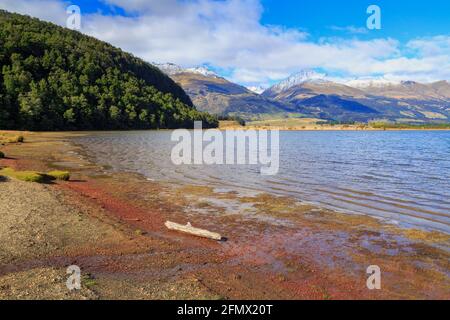 Diamond Lake bei Glenorchy auf der Südinsel Neuseelands. Am Horizont sind die schneebedeckten Gipfel der Richardson Mountains zu sehen Stockfoto