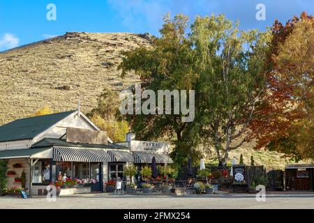 Das kleine Dorf Tarras im Central Otago District, Südinsel, Neuseeland, im Herbst. „The Merino Shop“, ein Bekleidungsgeschäft und ein Café Stockfoto