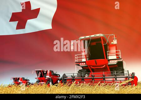 Industrielle 3D-Illustration von roten ländlichen landwirtschaftlichen Mähdrescher auf dem Feld mit Tonga Flagge Hintergrund, Lebensmittelindustrie Konzept Stockfoto
