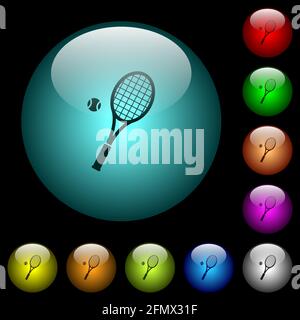 Tennisschläger mit Ball-Symbolen in farbig beleuchteten sphärischen Glasknöpfen auf schwarzem Hintergrund. Kann für schwarze oder dunkle Vorlagen verwendet werden Stock Vektor