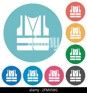 Gut sichtbare Sicherheitsweste flache weiße Symbole auf runder Farbe Hintergründe Stock Vektor